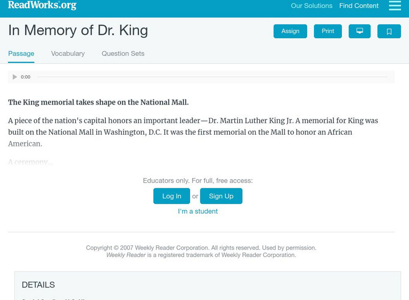 Read Works: In Memory of Dr. King Activity Read Works: In Memory of Dr. King Activity