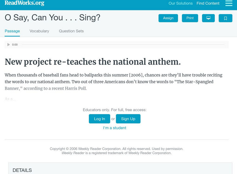 Read Works: O Say, Can You . . . Sing? Activity Read Works: O Say, Can You . . . Sing? Activity