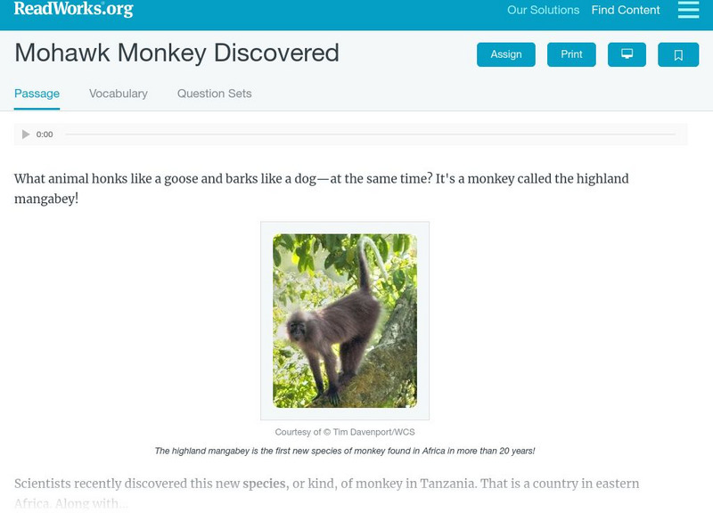 Read Works: Mohawk Monkey Discovered Activity Read Works: Mohawk Monkey Discovered Activity