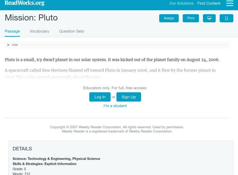Read Works: Mission Pluto Activity