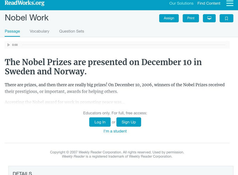 Read Works: Nobel Work Activity Read Works: Nobel Work Activity