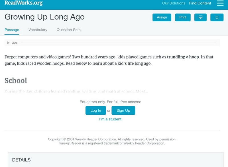 Read Works: Growing Up Long Ago Activity
