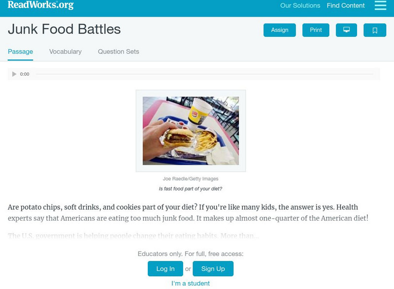 Read Works: Junk Food Battles Activity Read Works: Junk Food Battles Activity