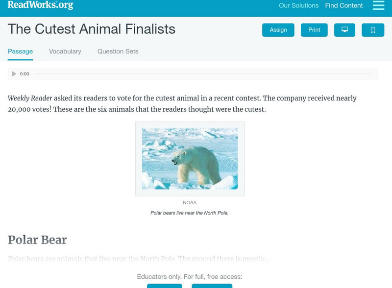 Read Works: The Cutest Animal Finalists Activity Read Works: The Cutest Animal Finalists Activity