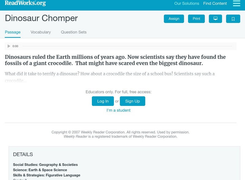 Read Works: Dinosaur Chomper Activity