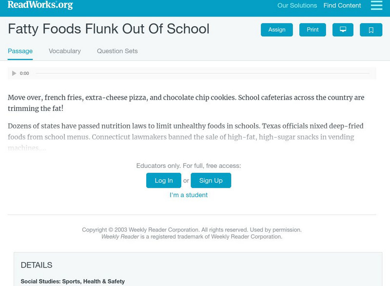 Read Works: Fatty Foods Activity Read Works: Fatty Foods Activity