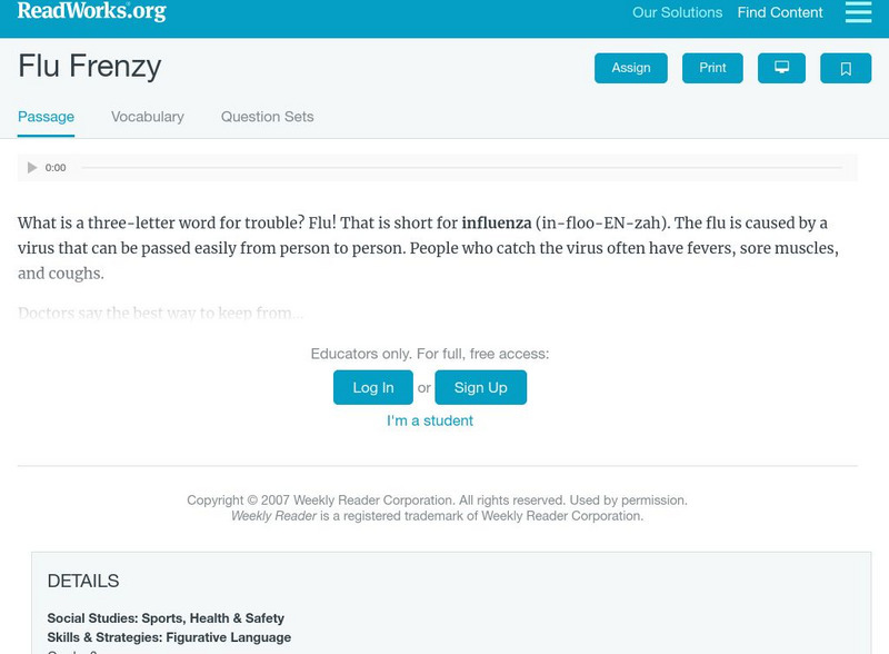 Read Works: Flu Frenzy Activity Read Works: Flu Frenzy Activity