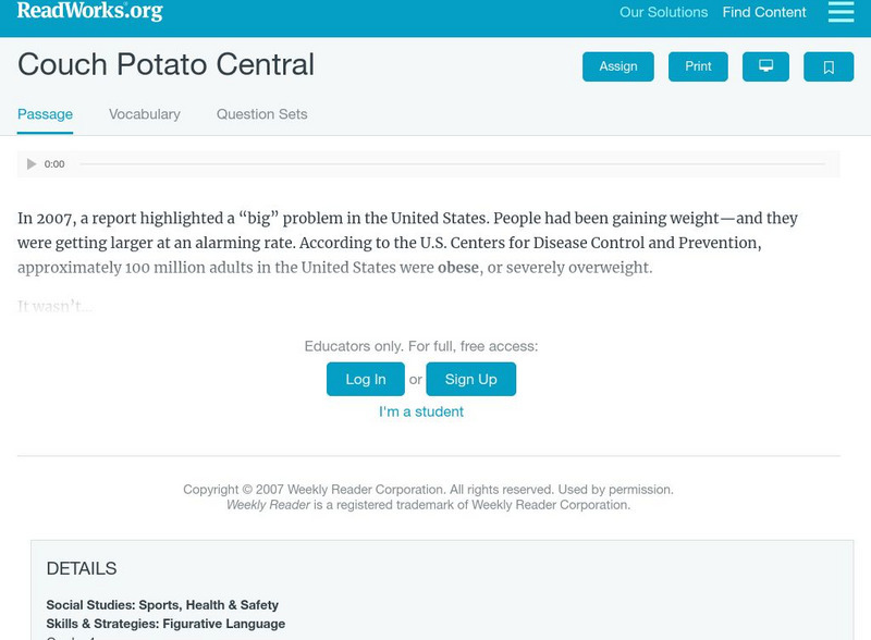 Read Works: Couch Potato Central Activity Read Works: Couch Potato Central Activity