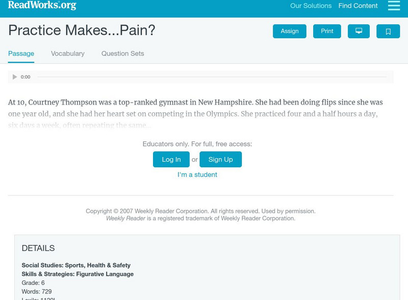 Read Works: Practice Makes Pain Activity Read Works: Practice Makes Pain Activity