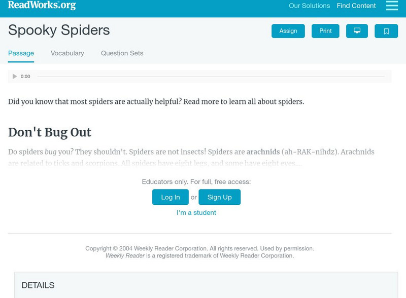 Read Works: Spooky Spiders Activity Read Works: Spooky Spiders Activity