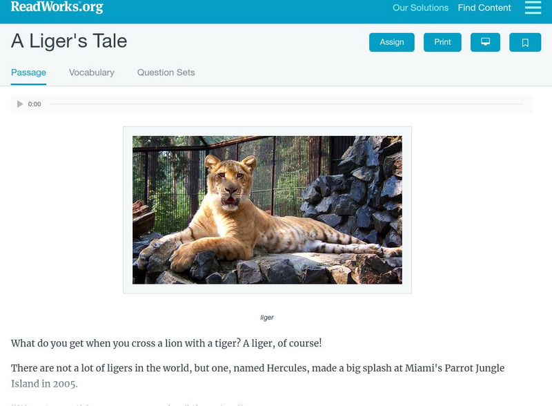 Read Works: A Liger's Tale Activity Read Works: A Liger's Tale Activity
