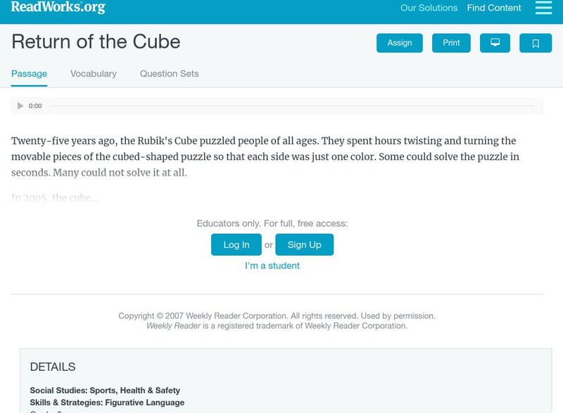 Read Works: Return of the Cube Activity Read Works: Return of the Cube Activity