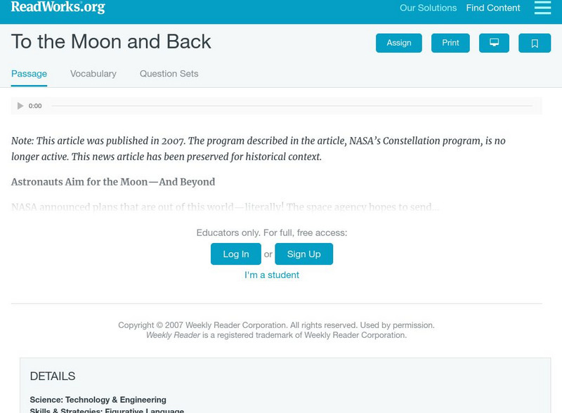 Read Works: To the Moon and Back Activity Read Works: To the Moon and Back Activity