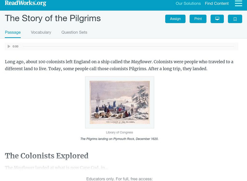 Read Works: The Story of the Pilgrims Activity Read Works: The Story of the Pilgrims Activity