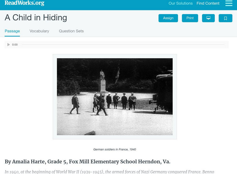 Read Works: A Child in Hiding Activity Read Works: A Child in Hiding Activity