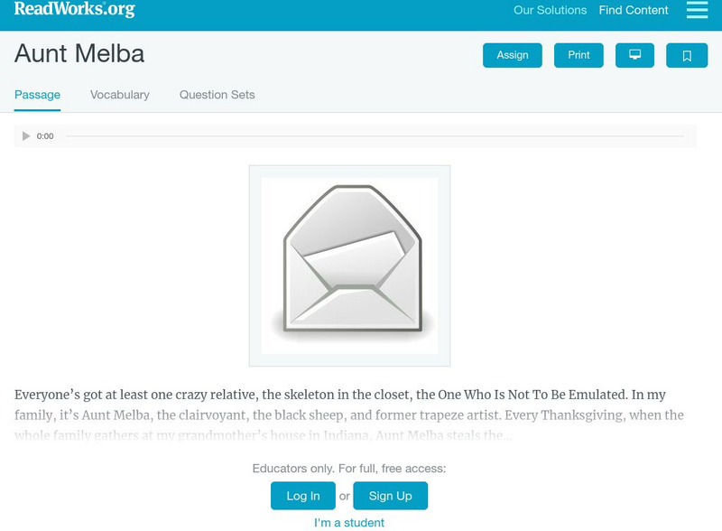 Read Works: Aunt Melba Activity