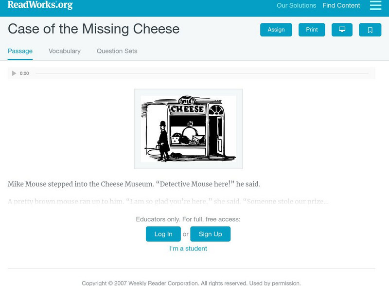 Read Works: Case of the Missing Cheese Activity Read Works: Case of the Missing Cheese Activity