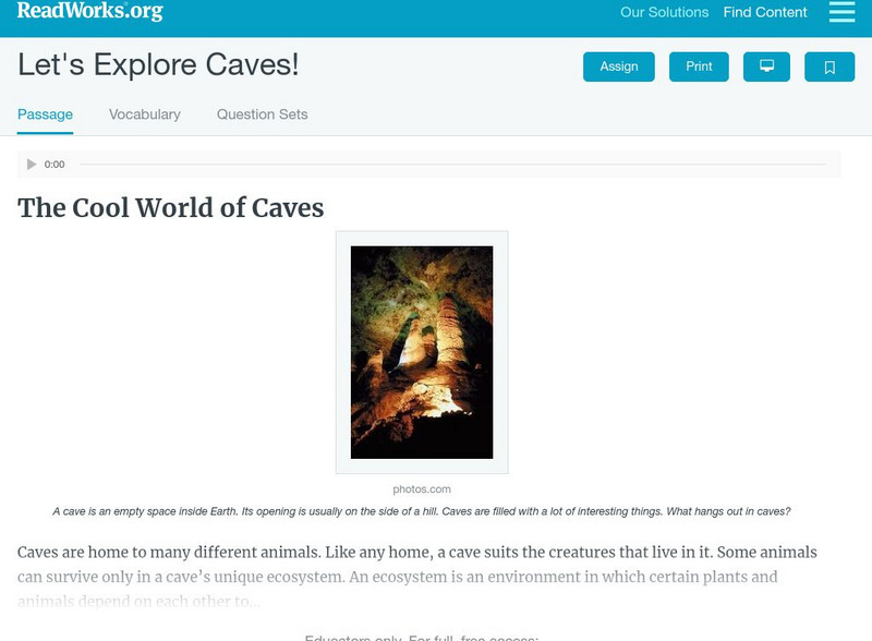 Read Works: Let's Explore Caves Activity Read Works: Let's Explore Caves Activity