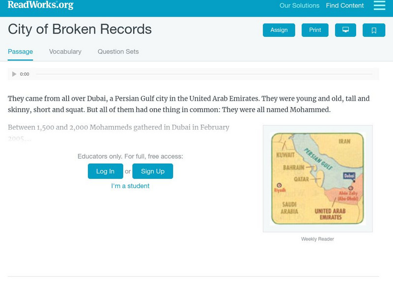 Read Works: City of Broken Records Activity
