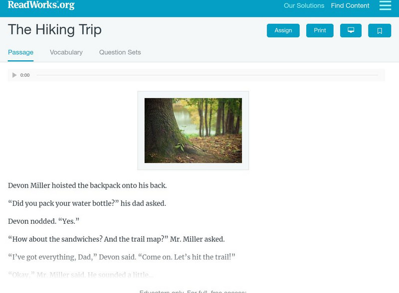 Read Works: The Hiking Trip Activity Read Works: The Hiking Trip Activity