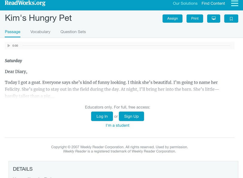 Read Works: Kim's Hungry Pet Activity Read Works: Kim's Hungry Pet Activity