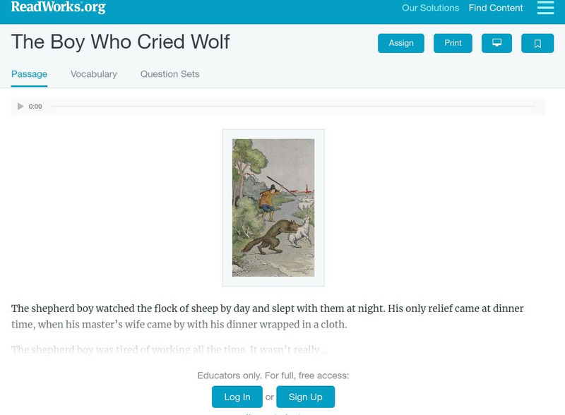 Read Works: The Boy Who Cried Wolf Activity Read Works: The Boy Who Cried Wolf Activity