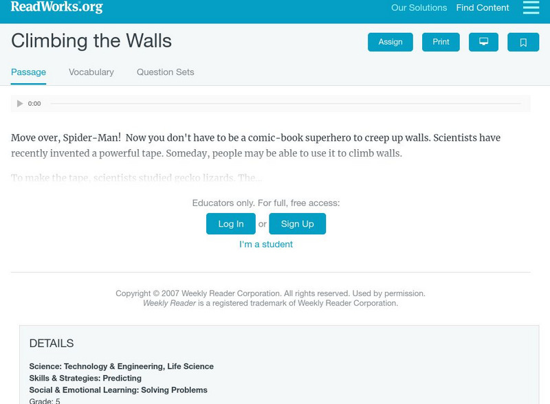 Read Works: Climbing the Walls Activity Read Works: Climbing the Walls Activity