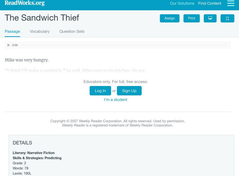 Read Works: The Sandwich Thief Activity Read Works: The Sandwich Thief Activity