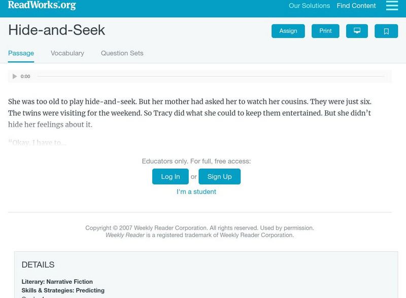 Read Works: Hide and Seek Activity Read Works: Hide and Seek Activity