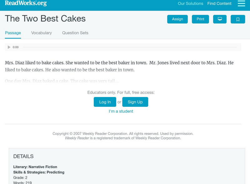 Read Works: The Two Best Cakes Activity Read Works: The Two Best Cakes Activity