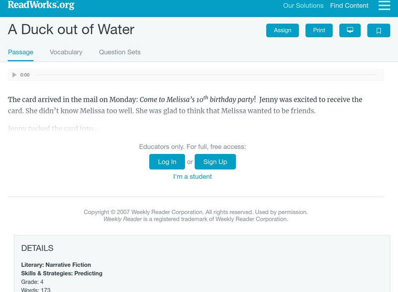 Read Works: A Duck Out of Water Activity Read Works: A Duck Out of Water Activity