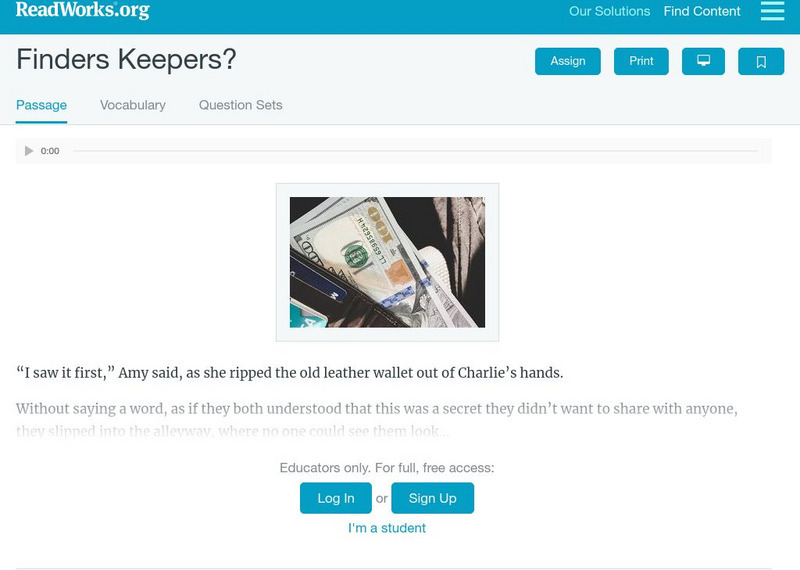 Read Works: Finders Keepers? Activity Read Works: Finders Keepers? Activity