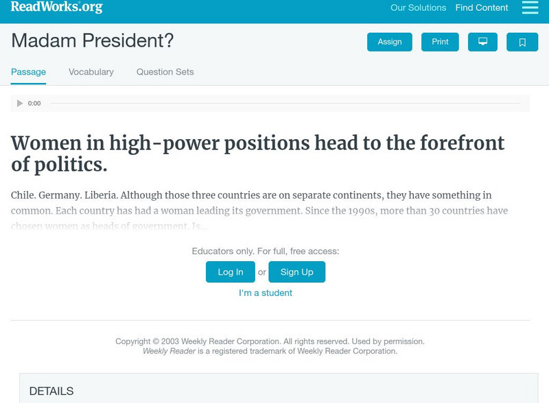 Read Works: Madam President? Activity Read Works: Madam President? Activity