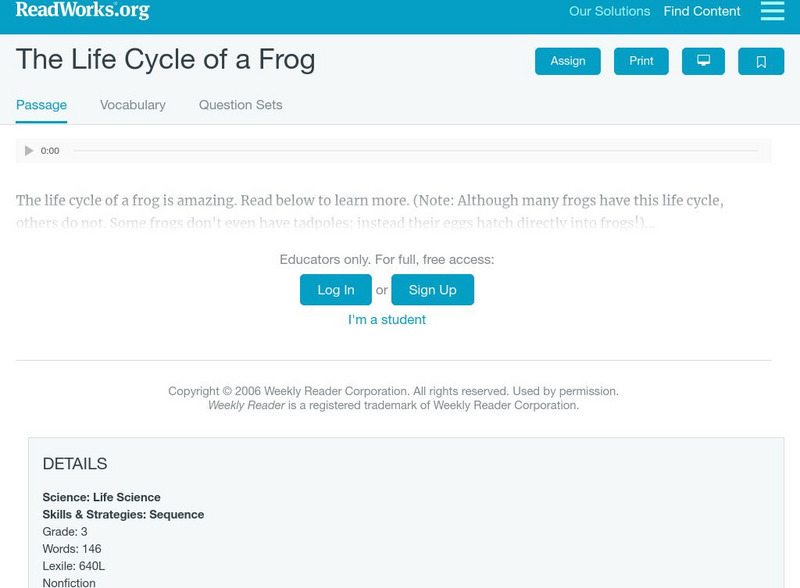 Read Works: The Life Cycle of a Frog Activity Read Works: The Life Cycle of a Frog Activity