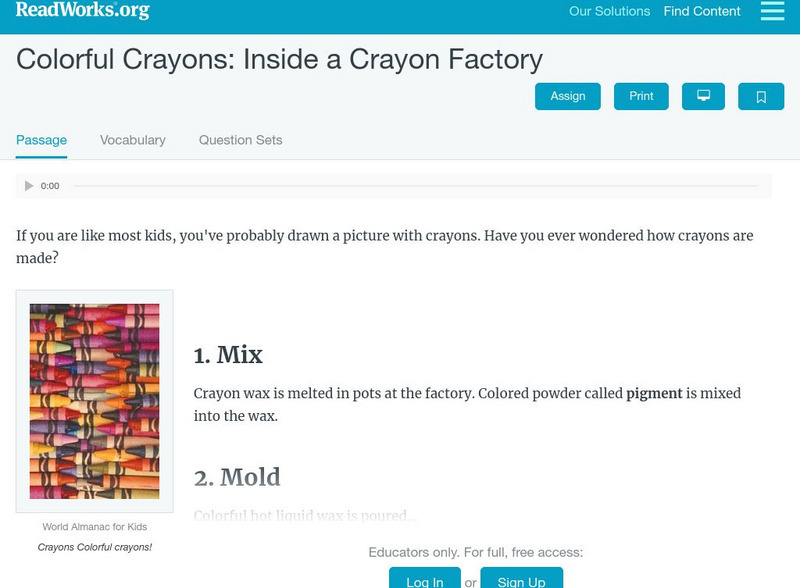 Read Works: Colorful Crayons: Inside a Crayon Factory Activity