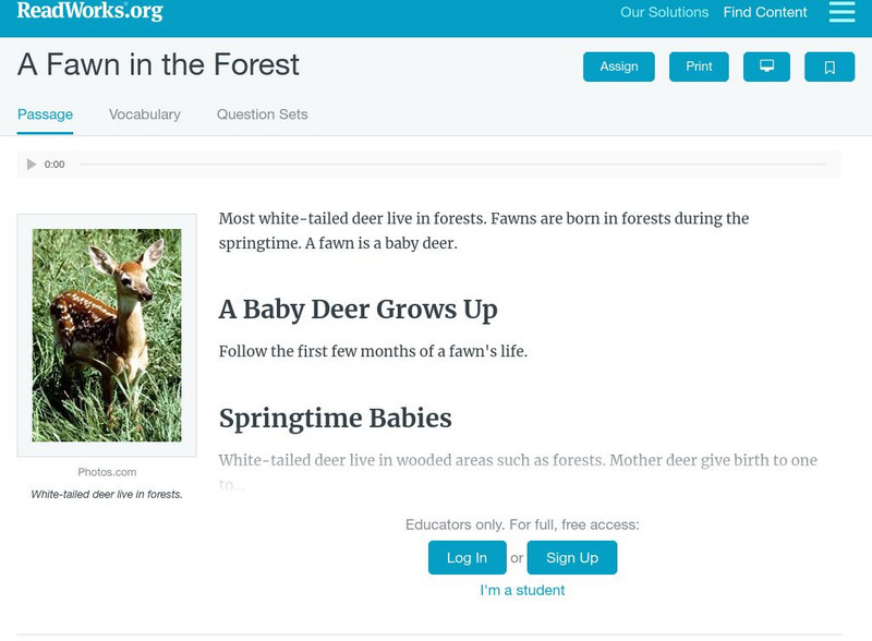 Read Works: A Fawn in the Forest Activity