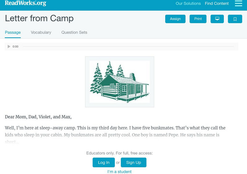 Read Works: Letter From Camp Activity Read Works: Letter From Camp Activity