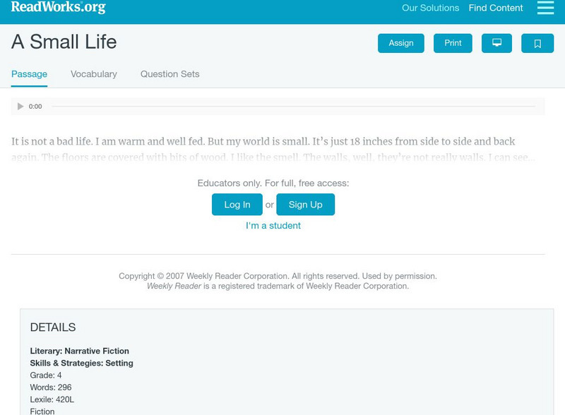 Read Works: A Small Life Activity Read Works: A Small Life Activity