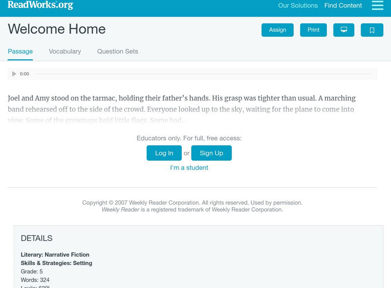 Read Works: Welcome Home Activity Read Works: Welcome Home Activity