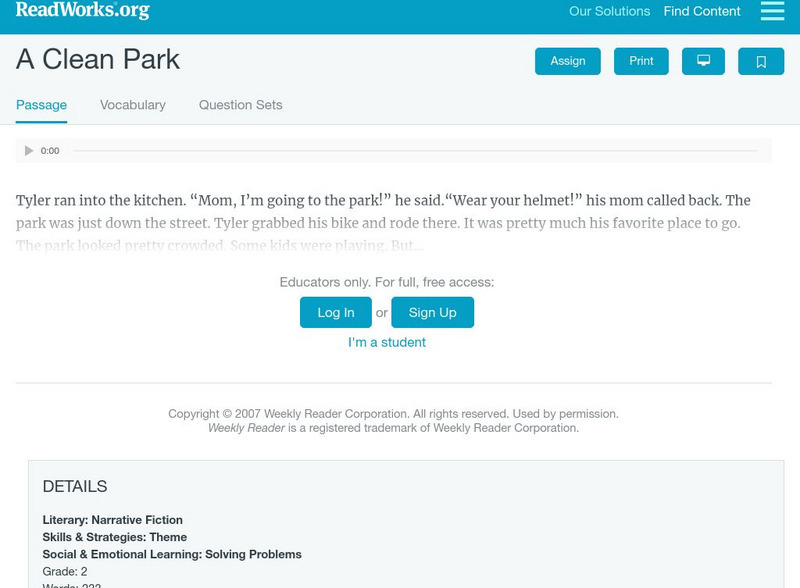 Read Works: A Clean Park Activity Read Works: A Clean Park Activity