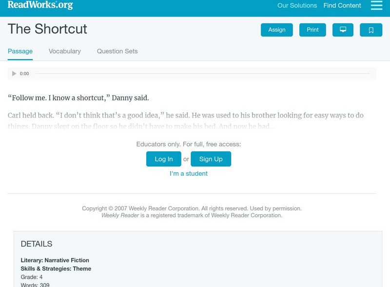 Read Works: The Shortcut Activity Read Works: The Shortcut Activity