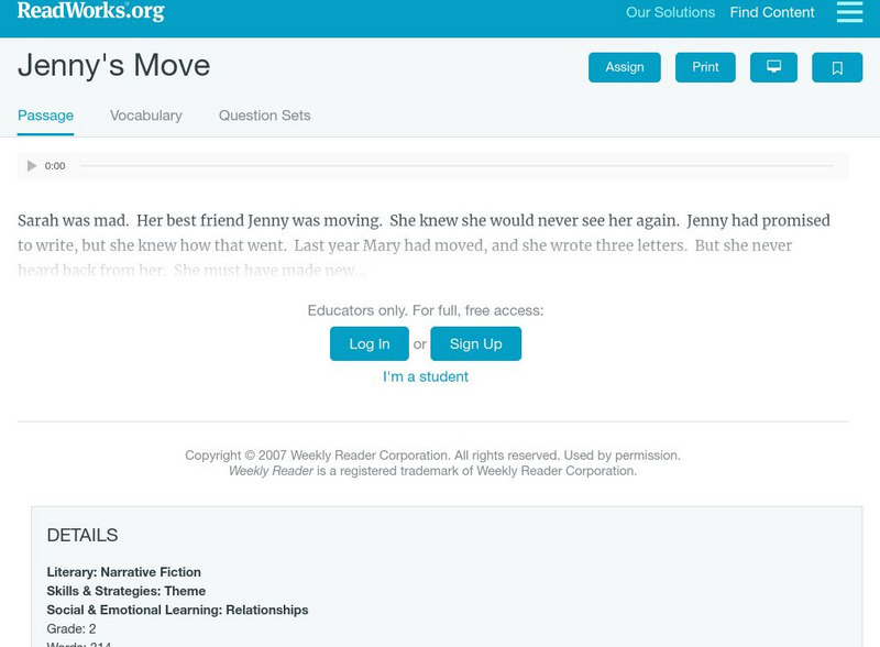 Read Works: Jenny's Move Activity Read Works: Jenny's Move Activity
