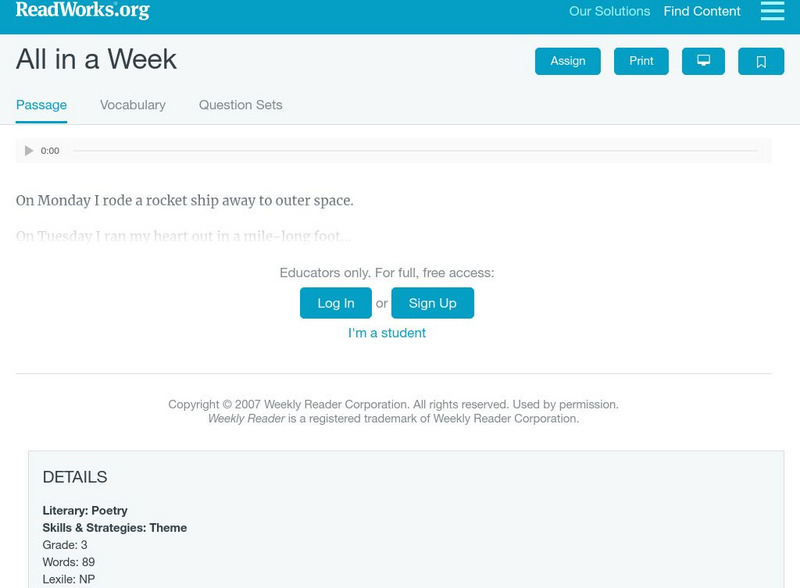 Read Works: All in a Week Activity Read Works: All in a Week Activity