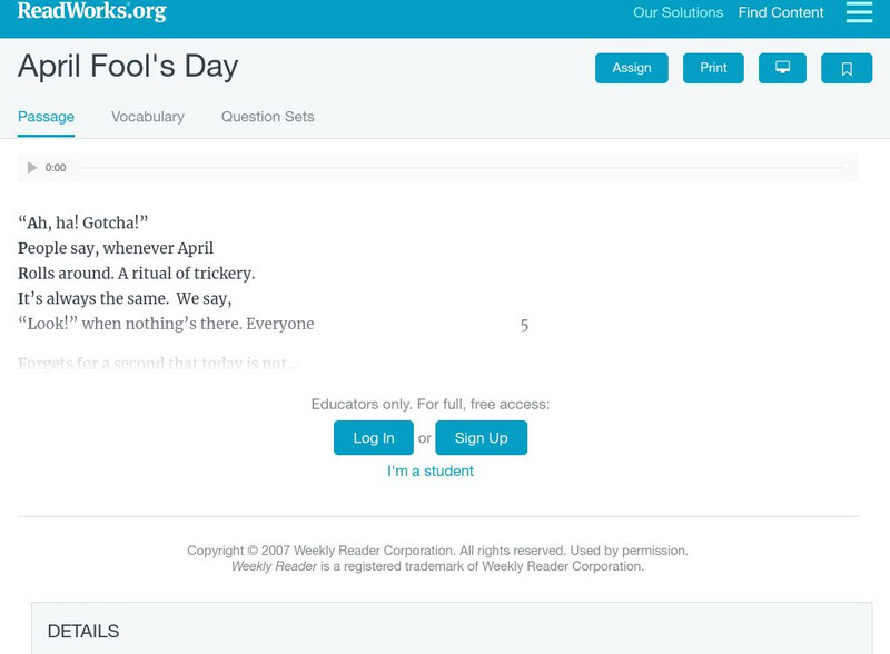 Read Works: April Fool's Day Activity Read Works: April Fool's Day Activity