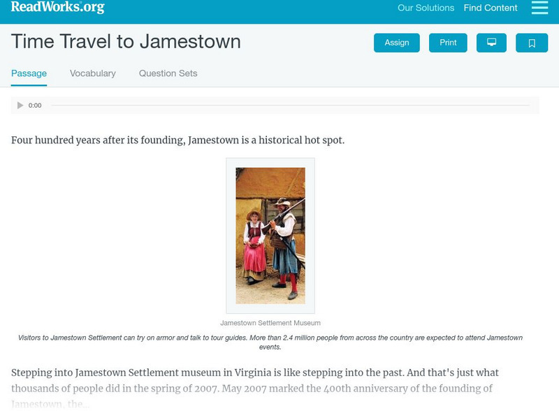 Read Works: Time Travel to Jamestown Activity Read Works: Time Travel to Jamestown Activity