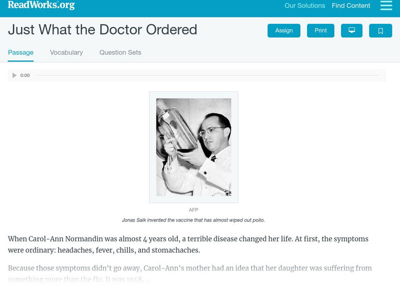 Read Works: Just What the Doctor Ordered Activity Read Works: Just What the Doctor Ordered Activity