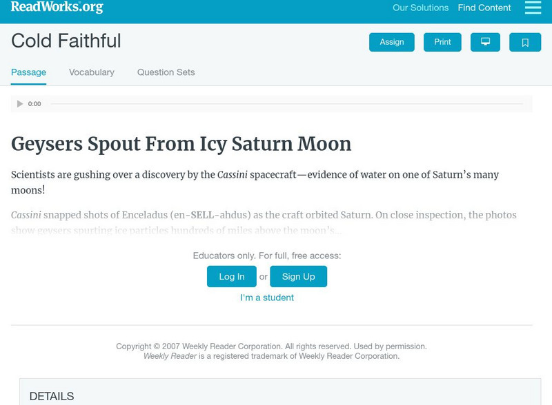 Read Works: Cold Faithful Activity