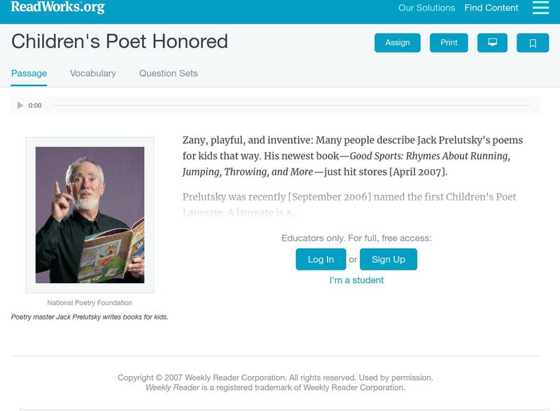 Read Works: Children's Poet Honored Activity
