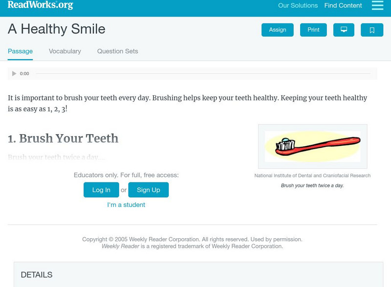 Read Works: A Healthy Smile Activity Read Works: A Healthy Smile Activity
