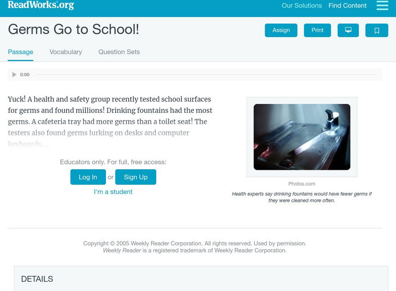Read Works: Germs Go to School Activity Read Works: Germs Go to School Activity
